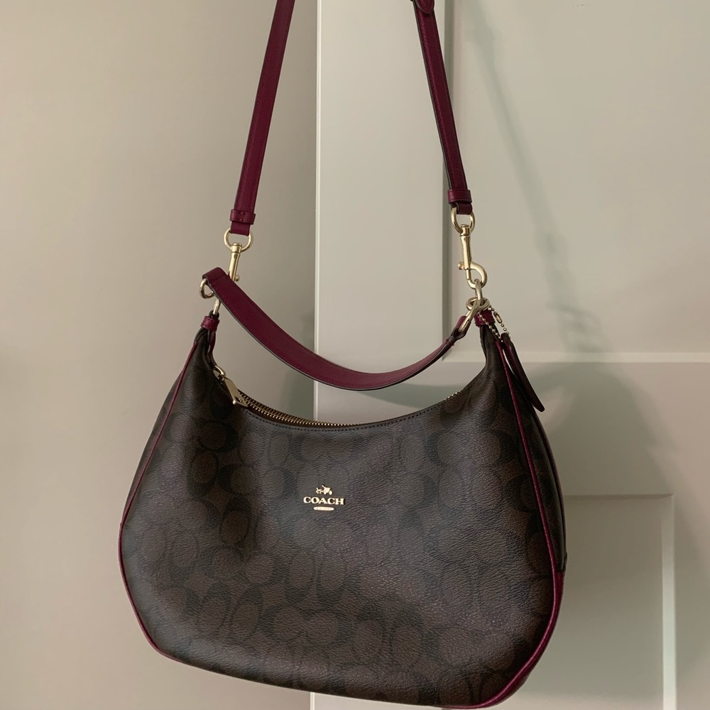 Coach Purse - Signature C in Brown Leather with Magenta Accents